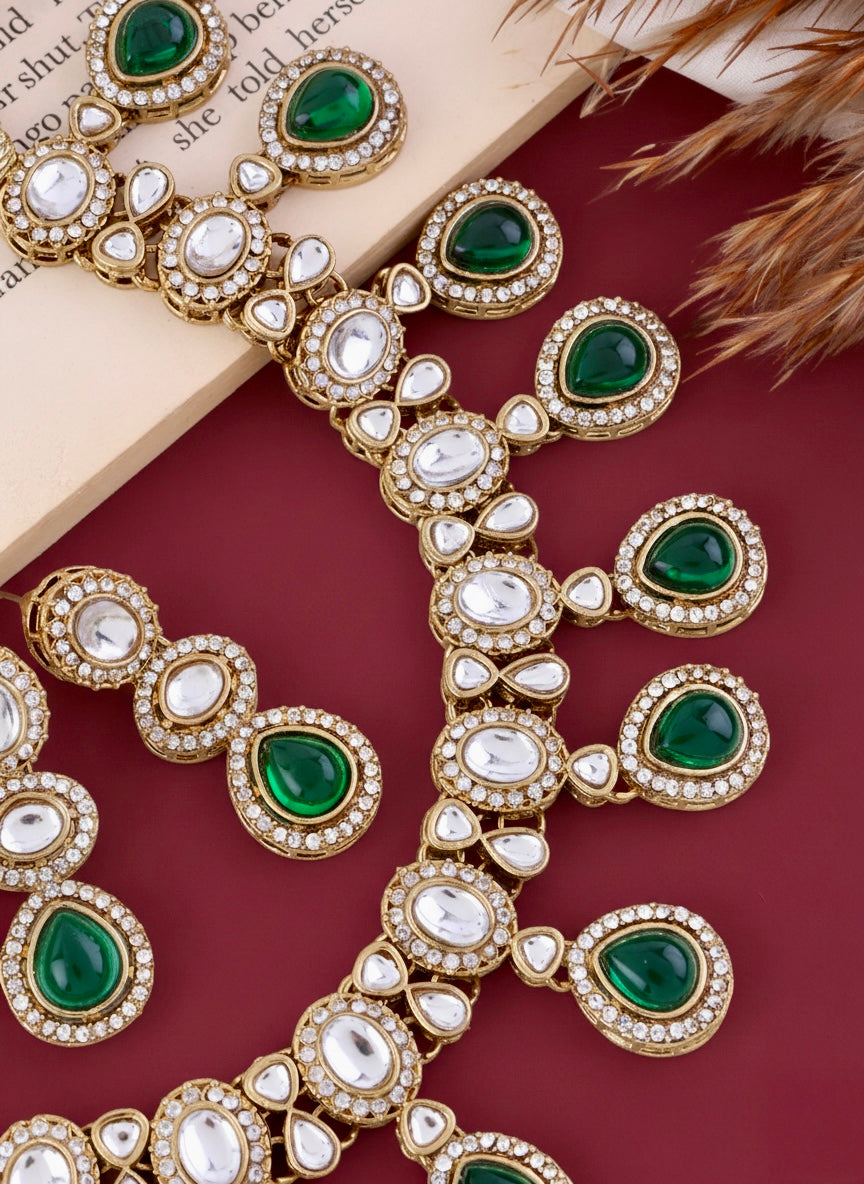 Green Nivaya Premium Polki Dupe Necklace with Earring and Teeka