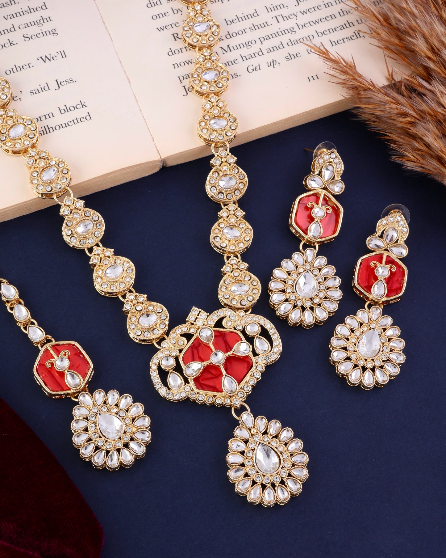 Red Vrinda Long Necklace Set with Earring and Teeka