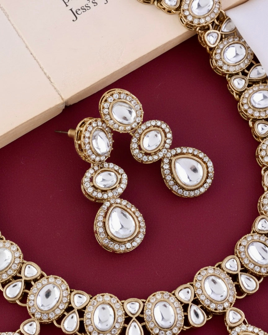 White Nivaya Premium Polki Dupe Necklace with Earring and Teeka