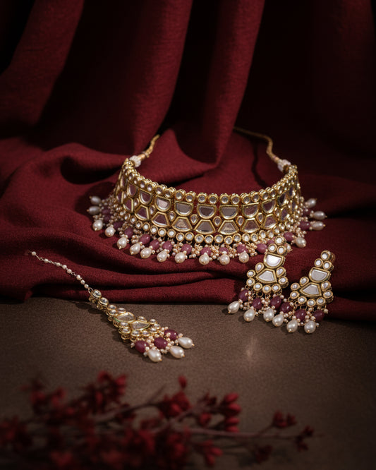 Onion Blush Guranshi Dabi Kundan Choker Necklace with Earring andĀ Mangteeka