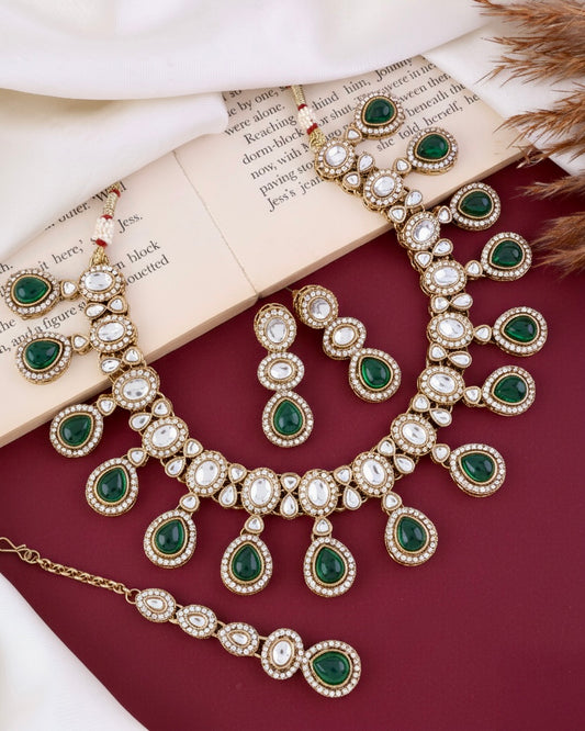 Green Nivaya Premium Polki Dupe Necklace with Earring and Teeka