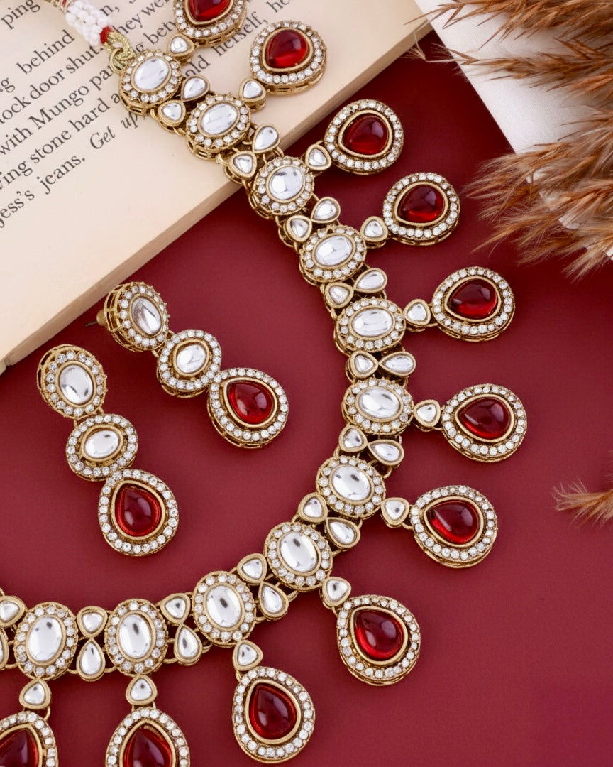 Ruby Nivaya Premium Polki Dupe Necklace with Earring and Teeka