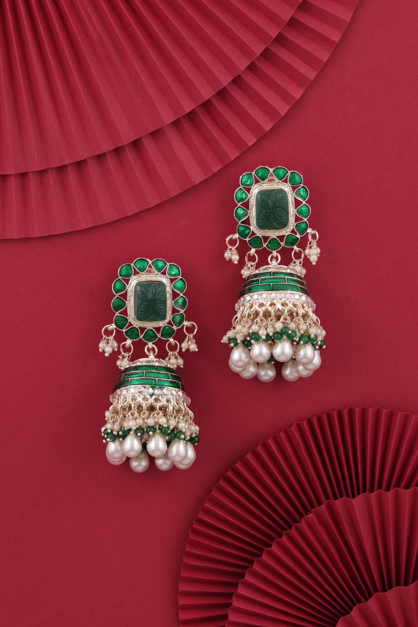 Dark Green Trinaya Meenakari Jhumka
