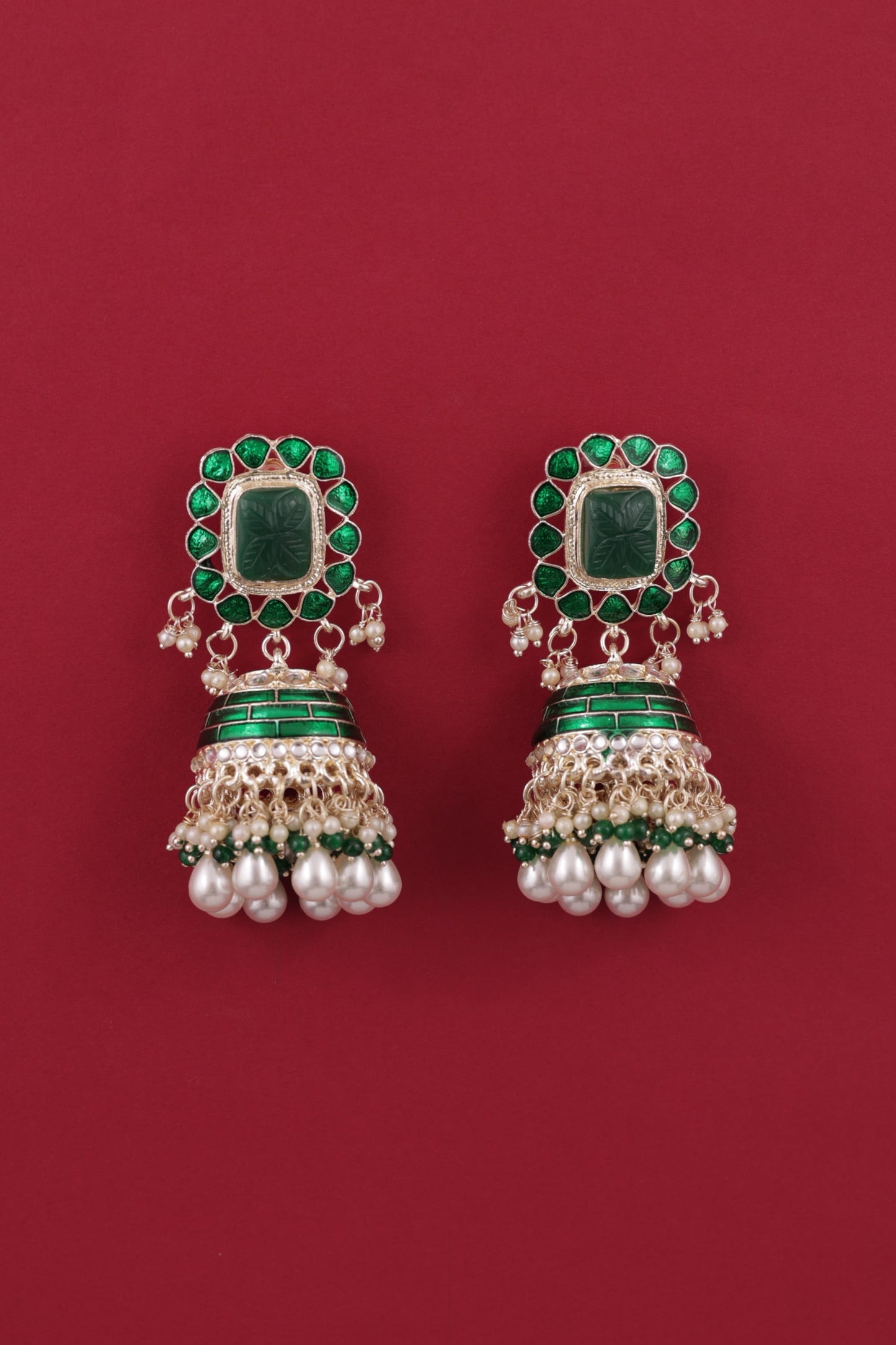 Dark Green Trinaya Meenakari Jhumka