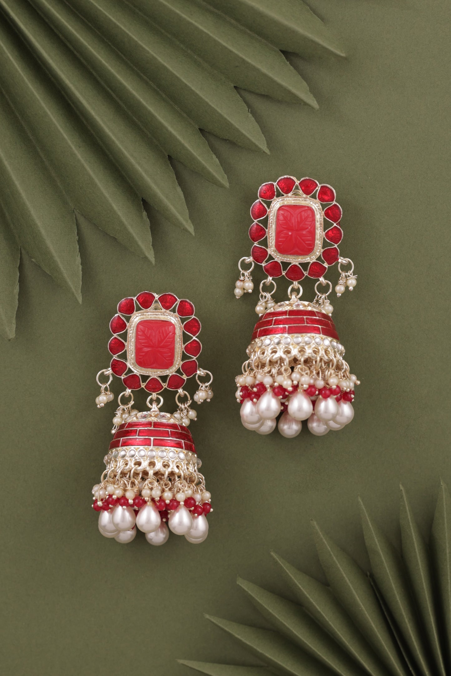 Red Trinaya Meenakari Jhumka