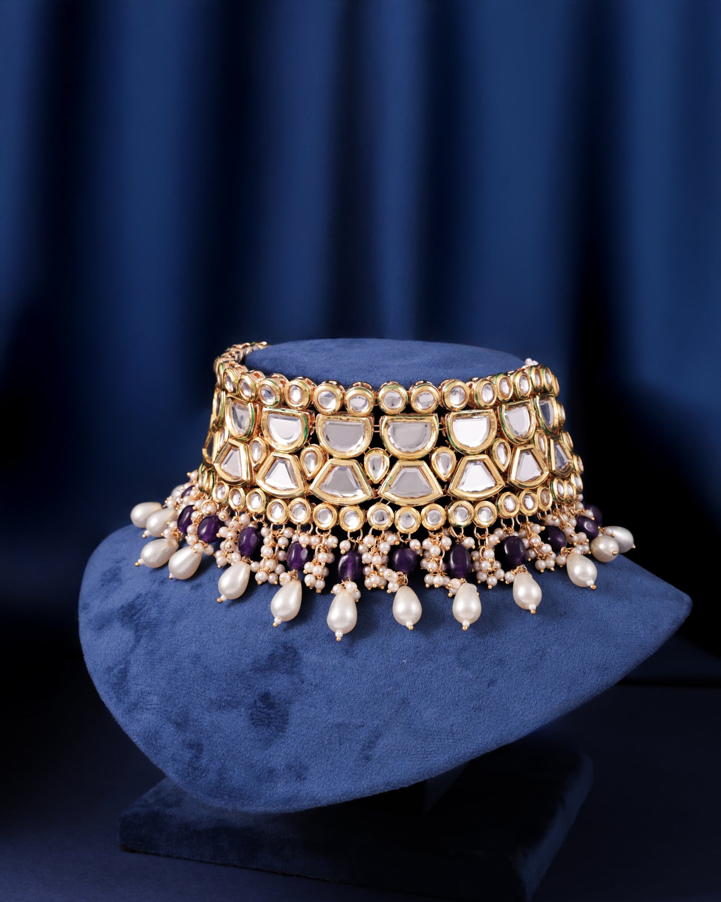 Blue Guranshi Dabi Kundan Choker Necklace with Earring and Mangteeka