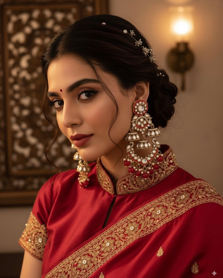 Red Taha Meenakari Zircon Jhumki Earring