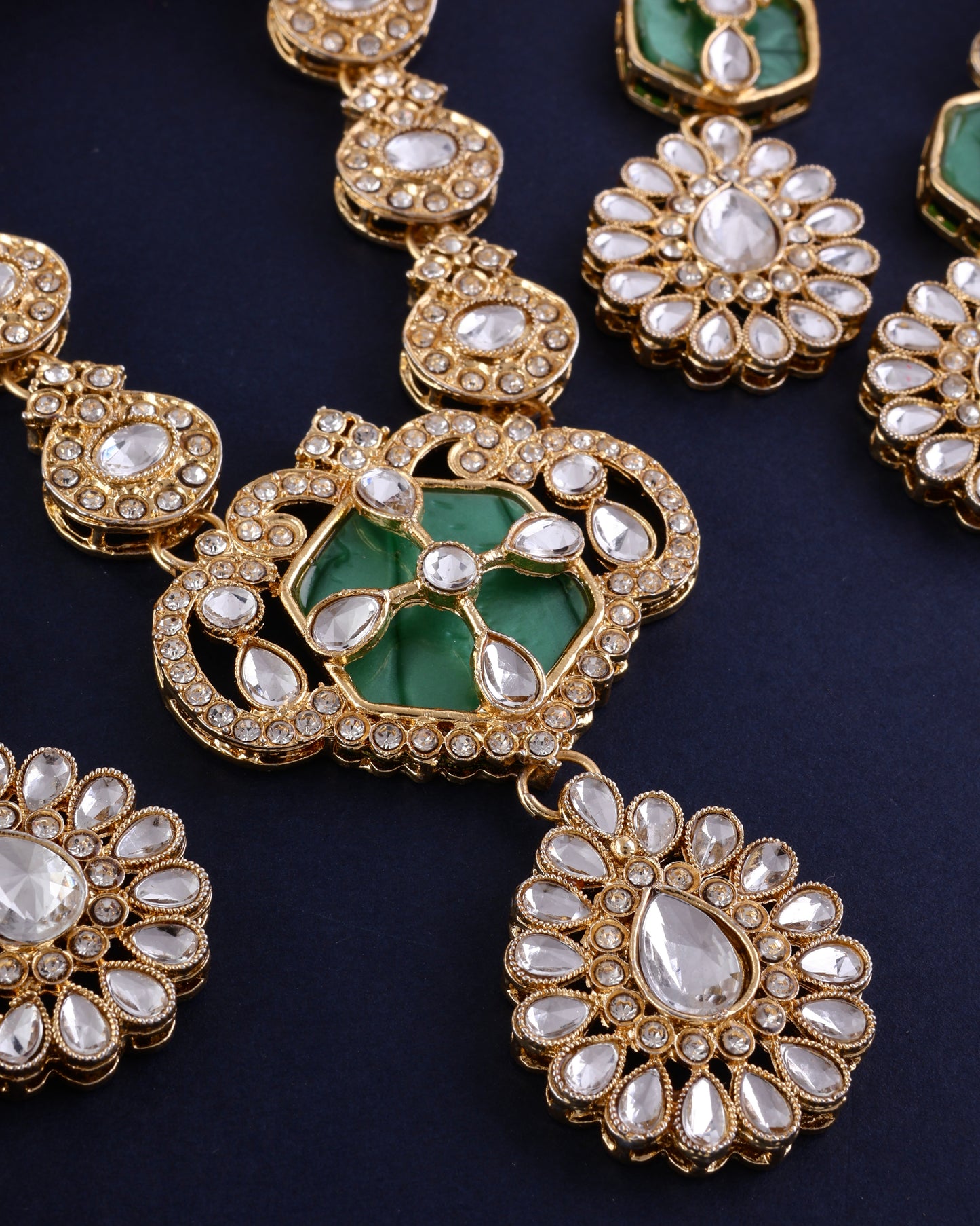 Green Vrinda Long Necklace Set with Earring and Teeka