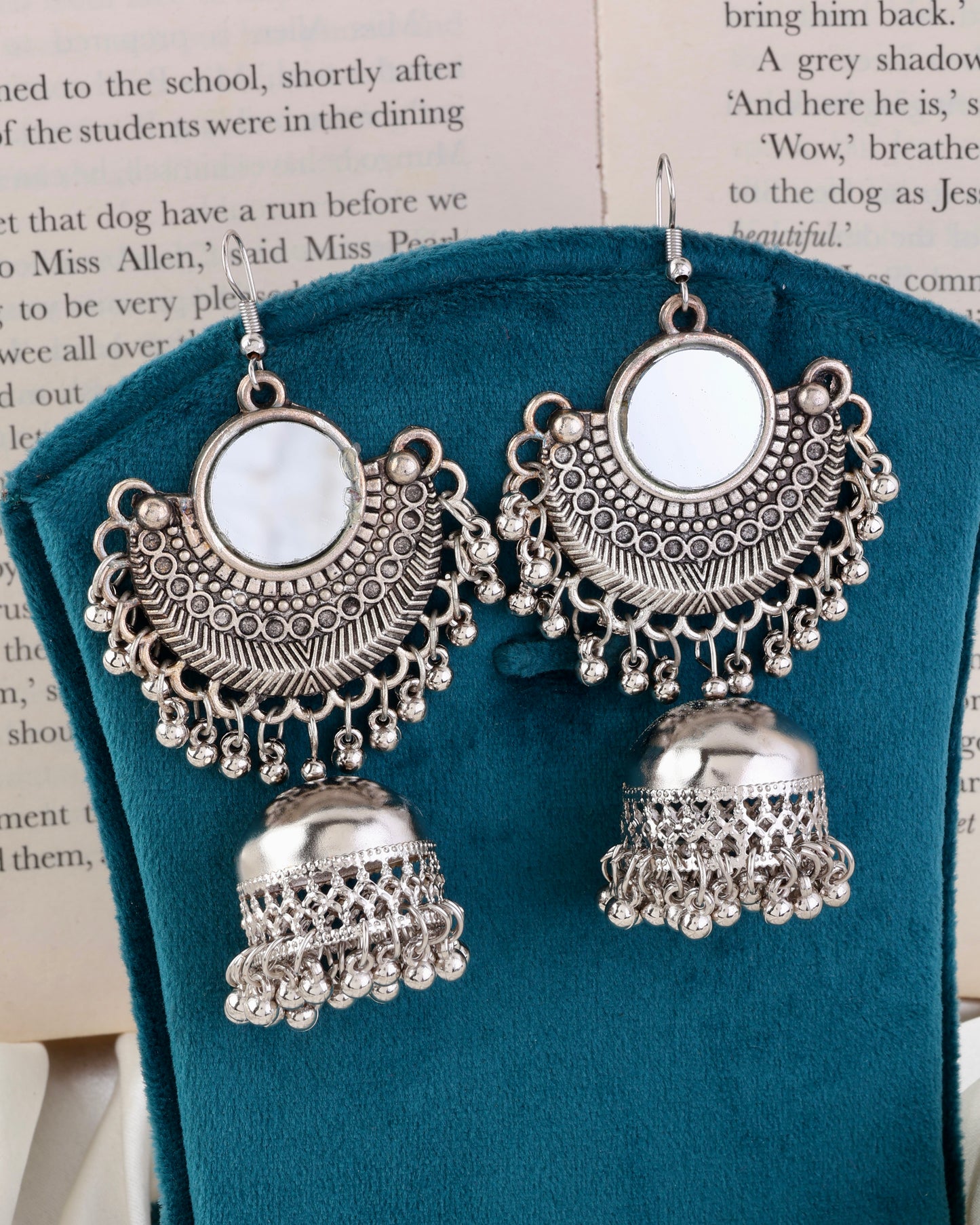 Mirror Moon Jhumka Earring - Oxidised