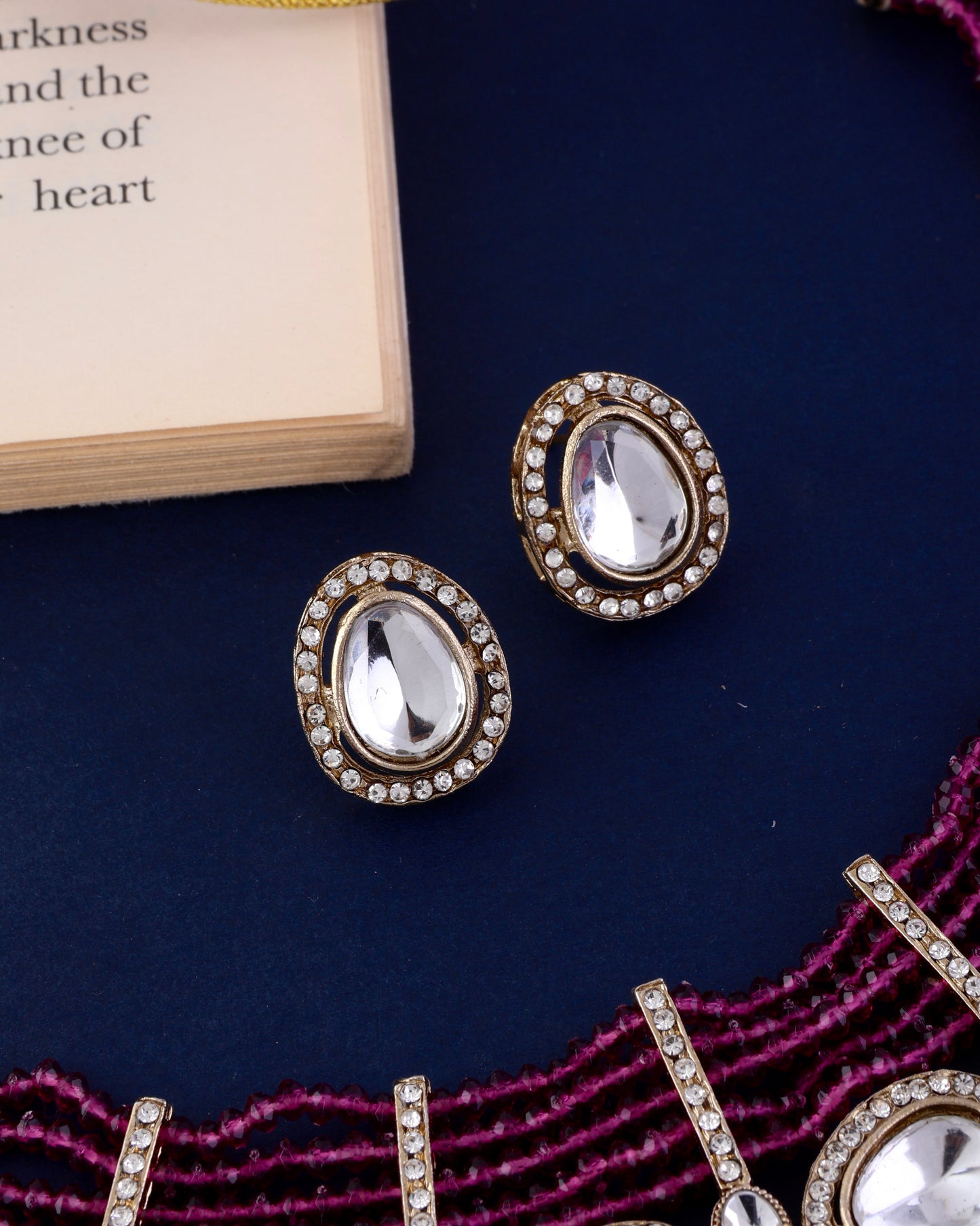 Purple Darvesh Zircone Polki Dupe Pearl Necklace with Earring