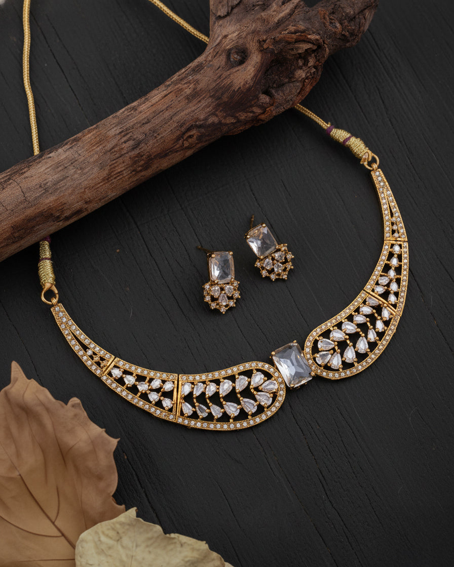 White Nuha Designer Indo Western Necklace With Earrings