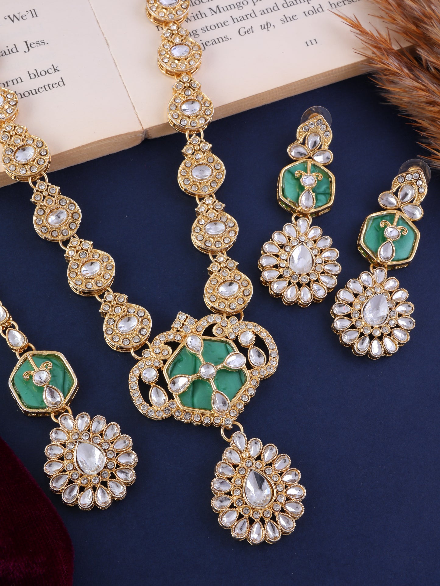 Green Vrinda Long Necklace Set with Earring and Teeka