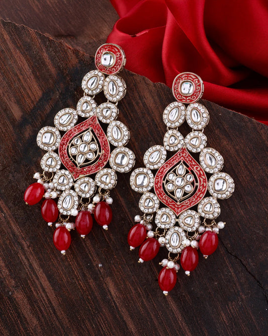 Red Pashmeena Designer Kundan Meena Earring
