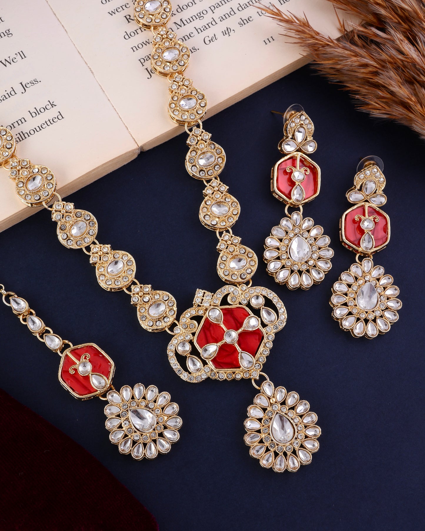 Red Vrinda Long Necklace Set with Earring and Teeka