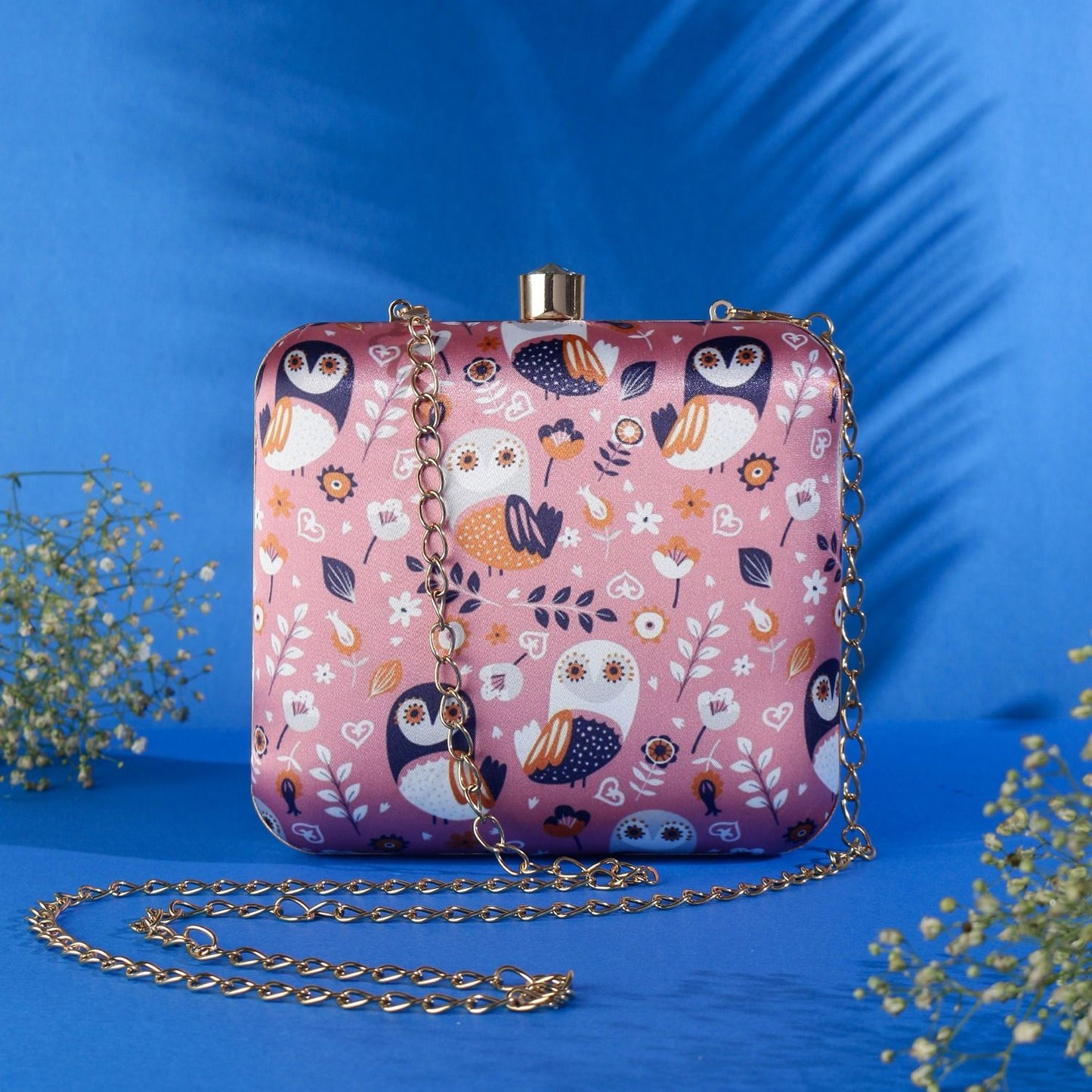 Pink Owl Printed Aesthetic Clutch with Sling Chain