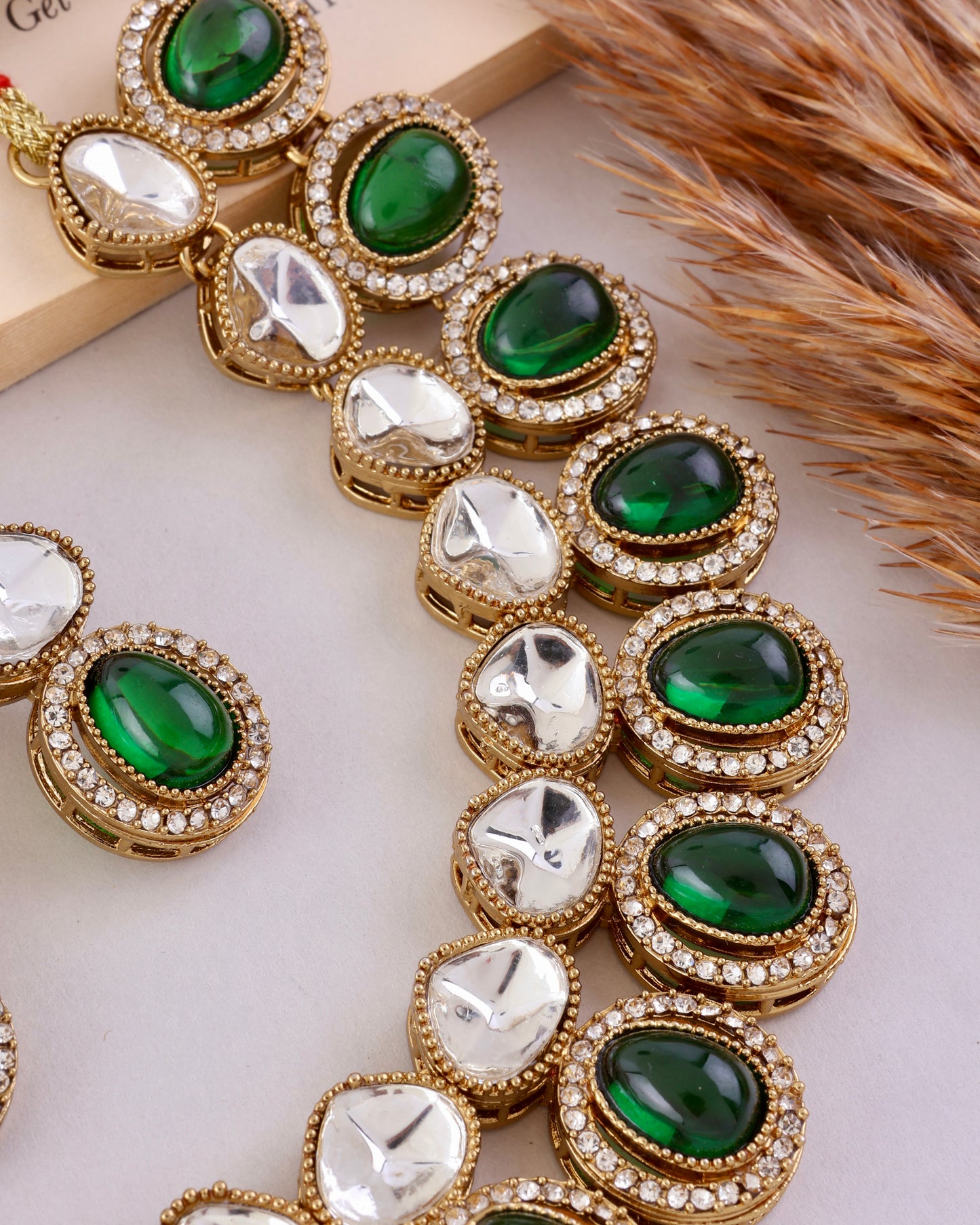 Emerald Arshiya Premium Polki Dupe Necklace with Earring and Teeka