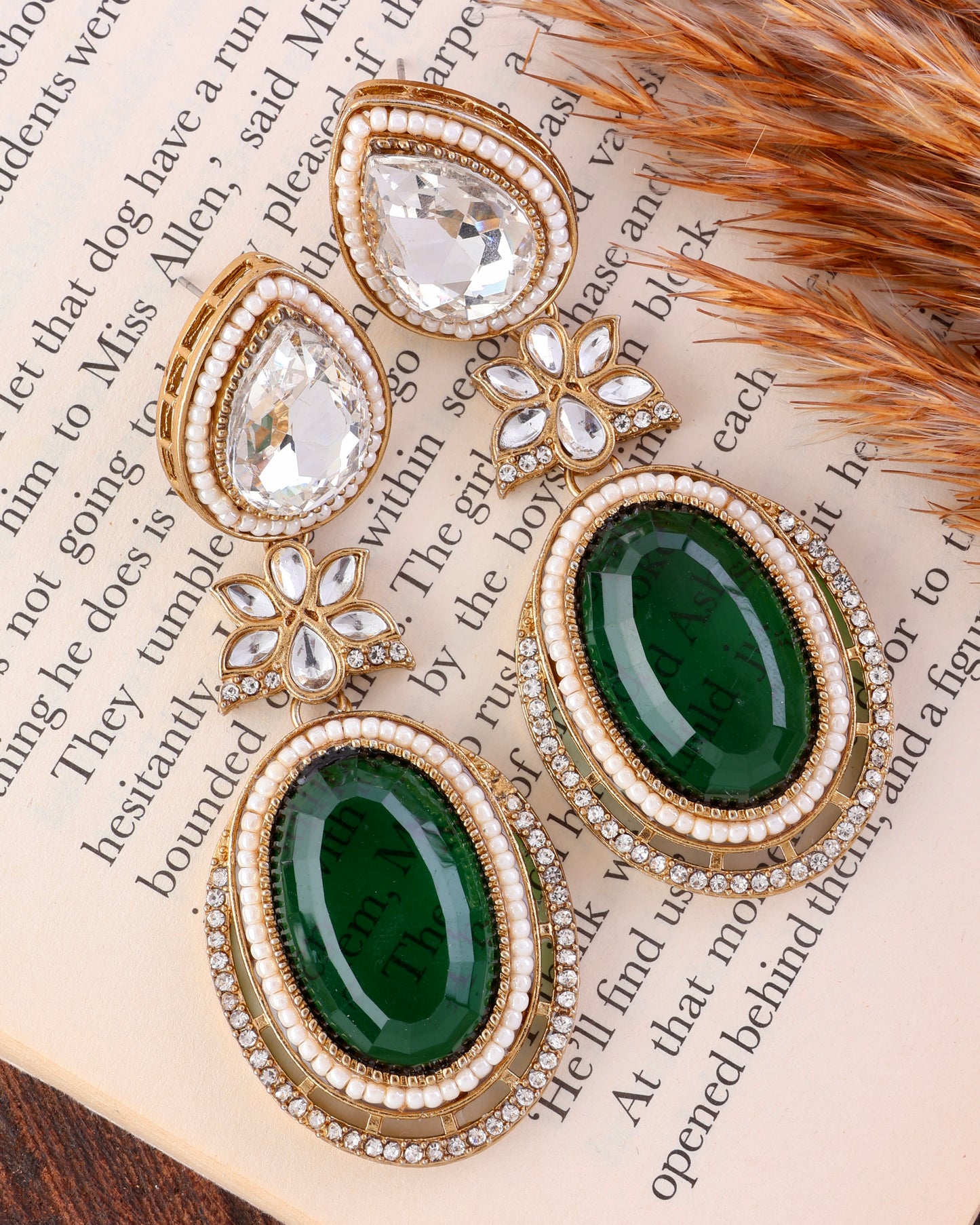 Emerald Green Dhvit Premium Designer Zircone Polki Dupe Earring