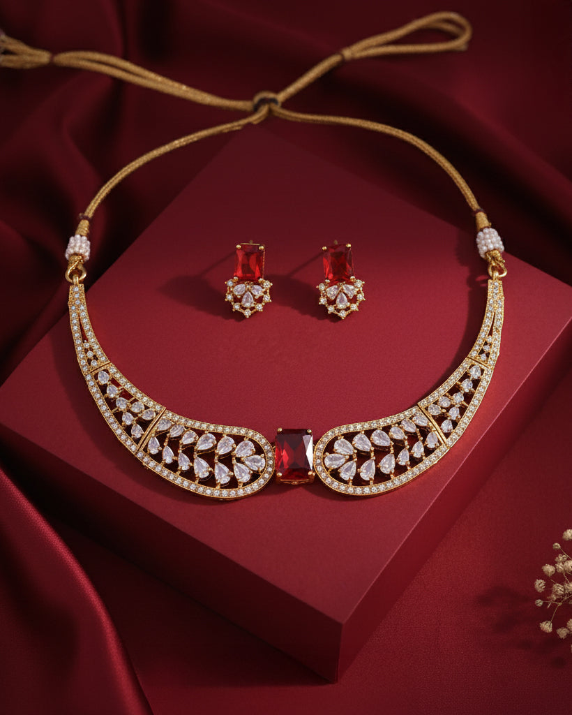 Red Nuha Designer Indo Western Necklace With Earrings