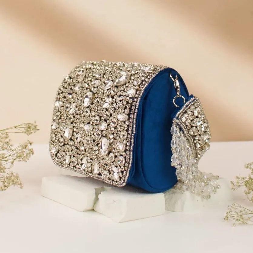 Blue Maria Rhinestone Flap Clutch
