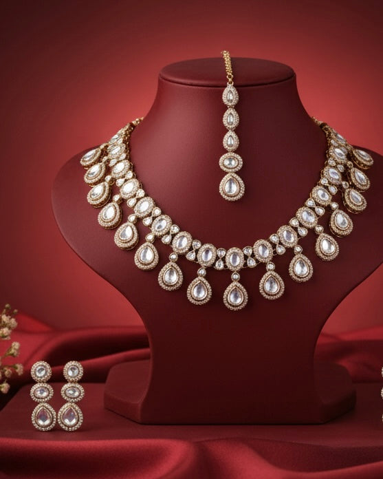 White Nivaya Premium Polki Dupe Necklace with Earring and Teeka