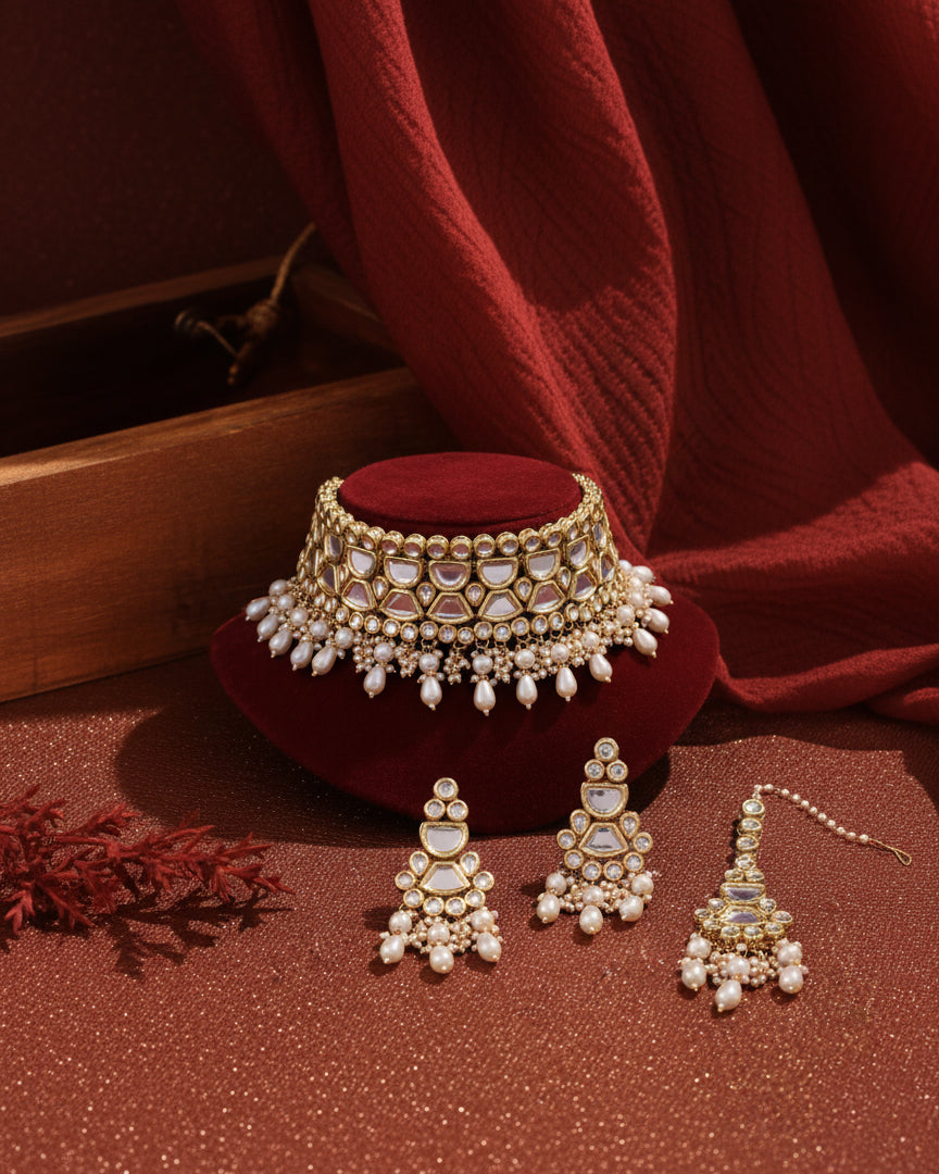 Pearl Guranshi Dabi Kundan Choker Necklace with Earring and Mangteeka