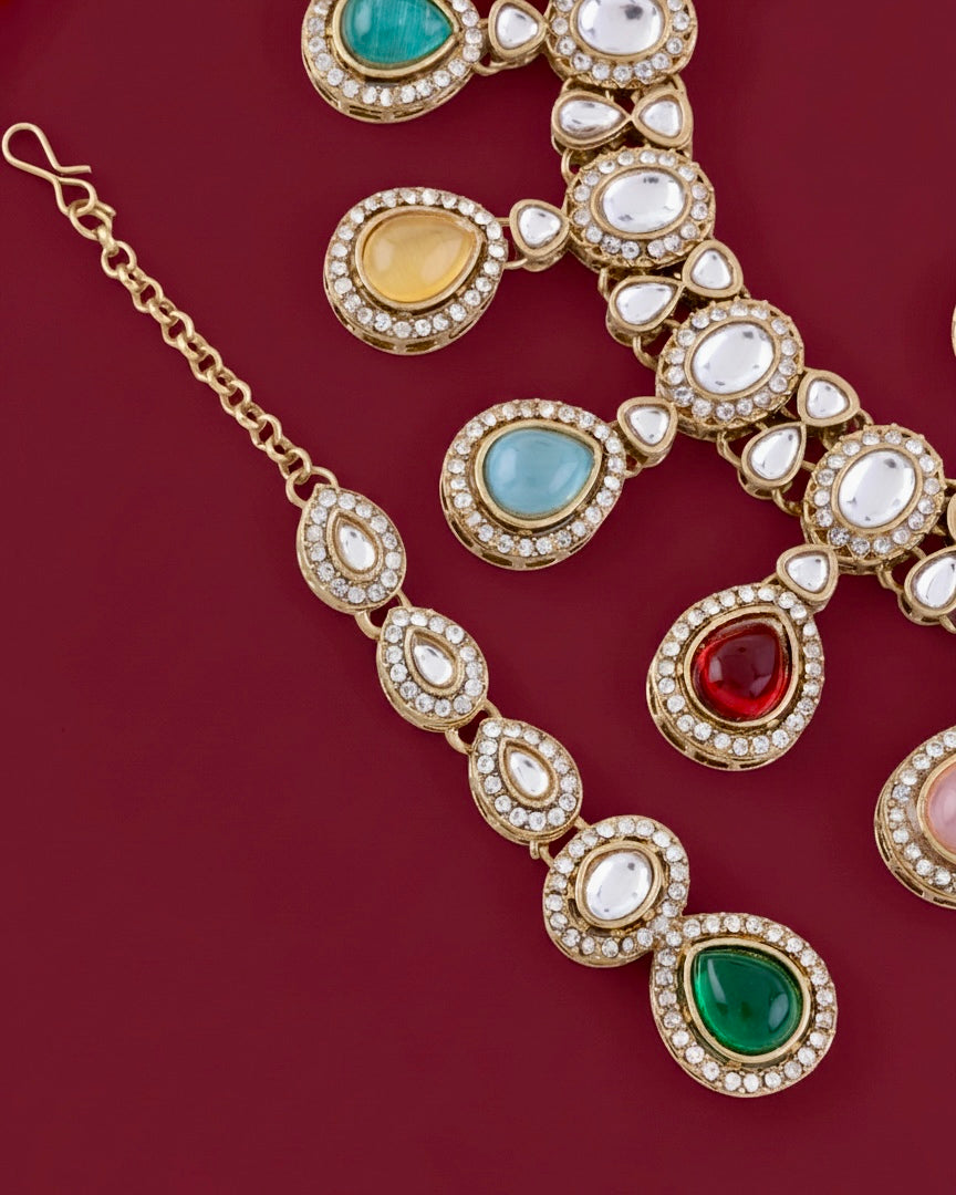 Multi Nivaya Premium Polki Dupe Necklace with Earring and Teeka