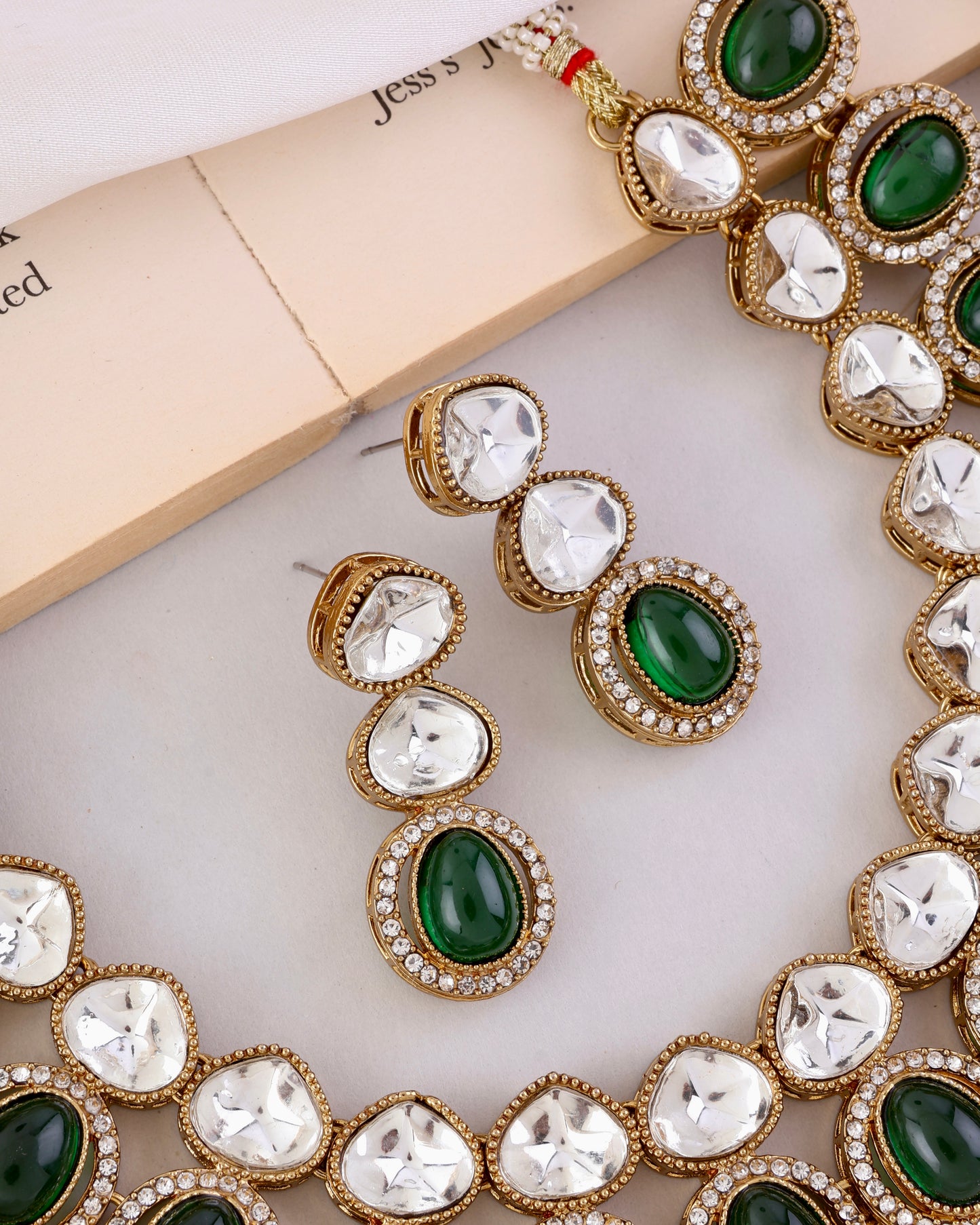 Emerald Arshiya Premium Polki Dupe Necklace with Earring and Teeka