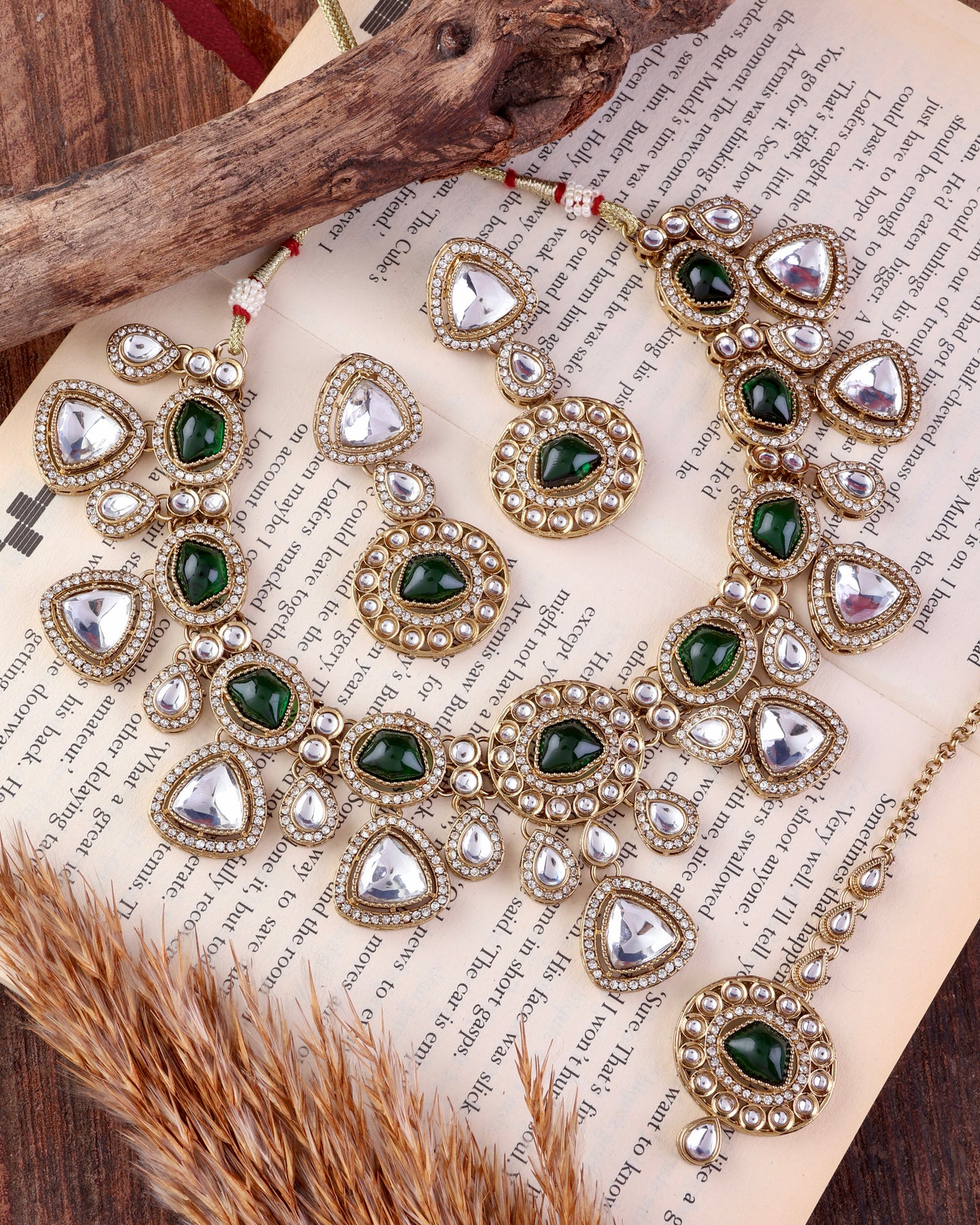 Green Kavita Premium Polki Dupe Necklace with Earring and Teeka