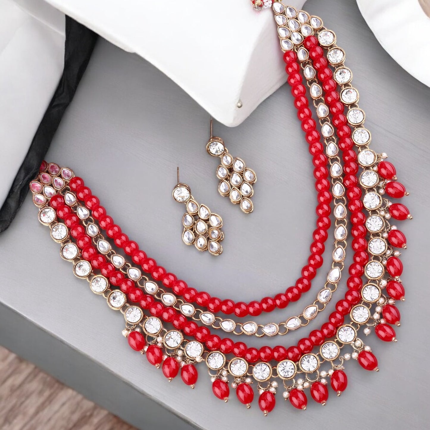 Ruby Tanya Kundan Beaded Necklace Set with Earring