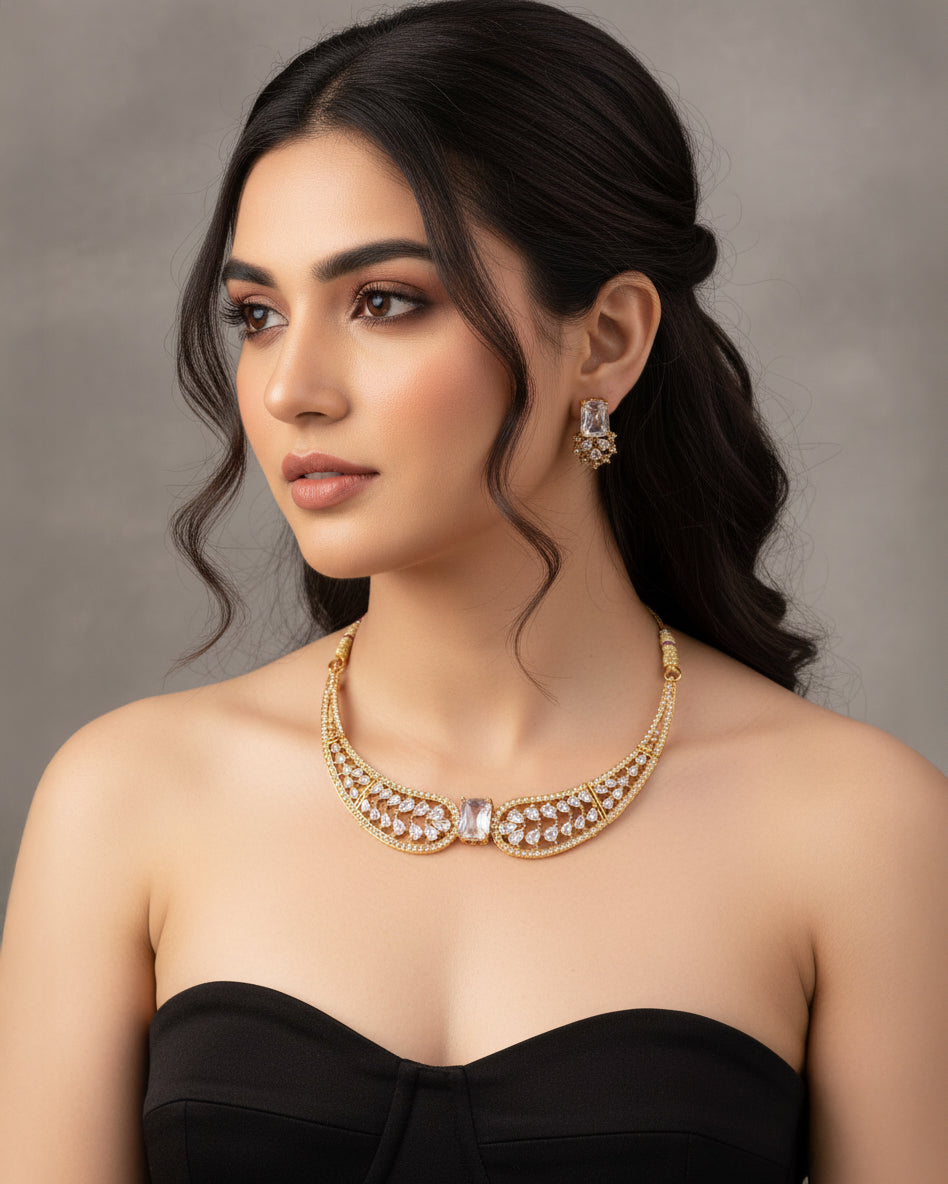 White Nuha Designer Indo Western Necklace With Earrings
