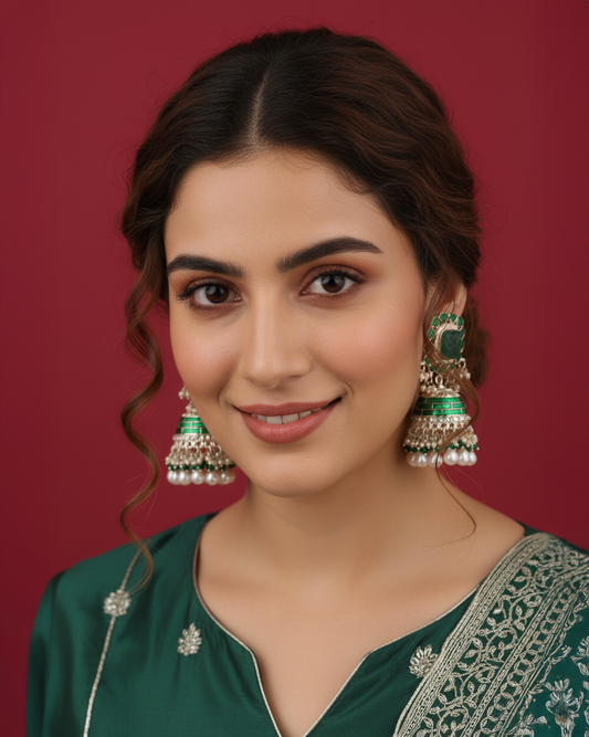 Dark Green Trinaya Meenakari Jhumka
