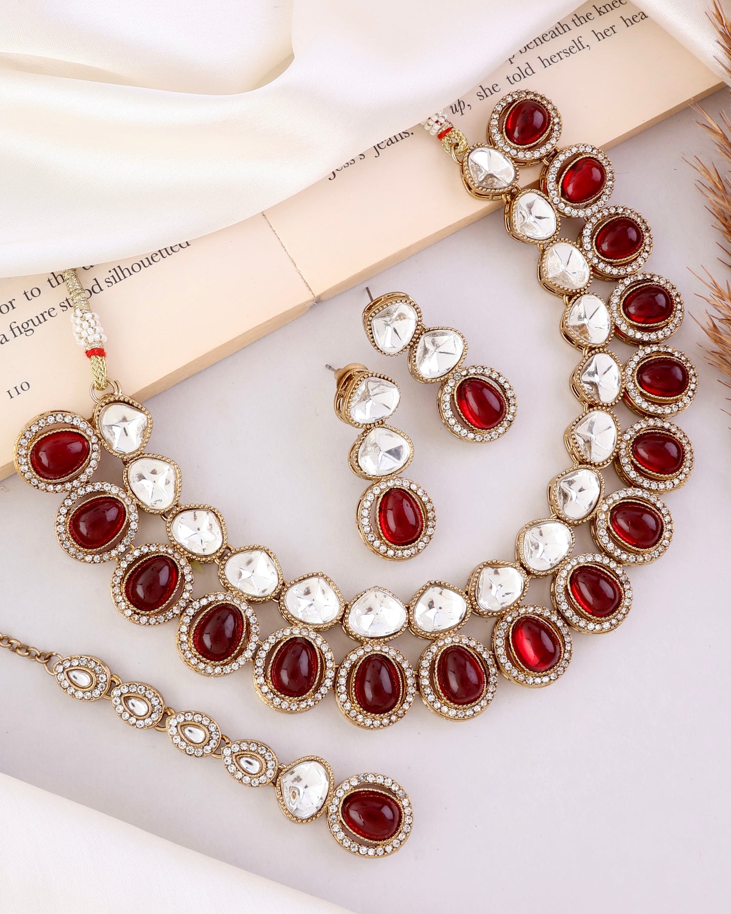 Ruby Arshiya Premium Polki Dupe Necklace with Earring and Teeka