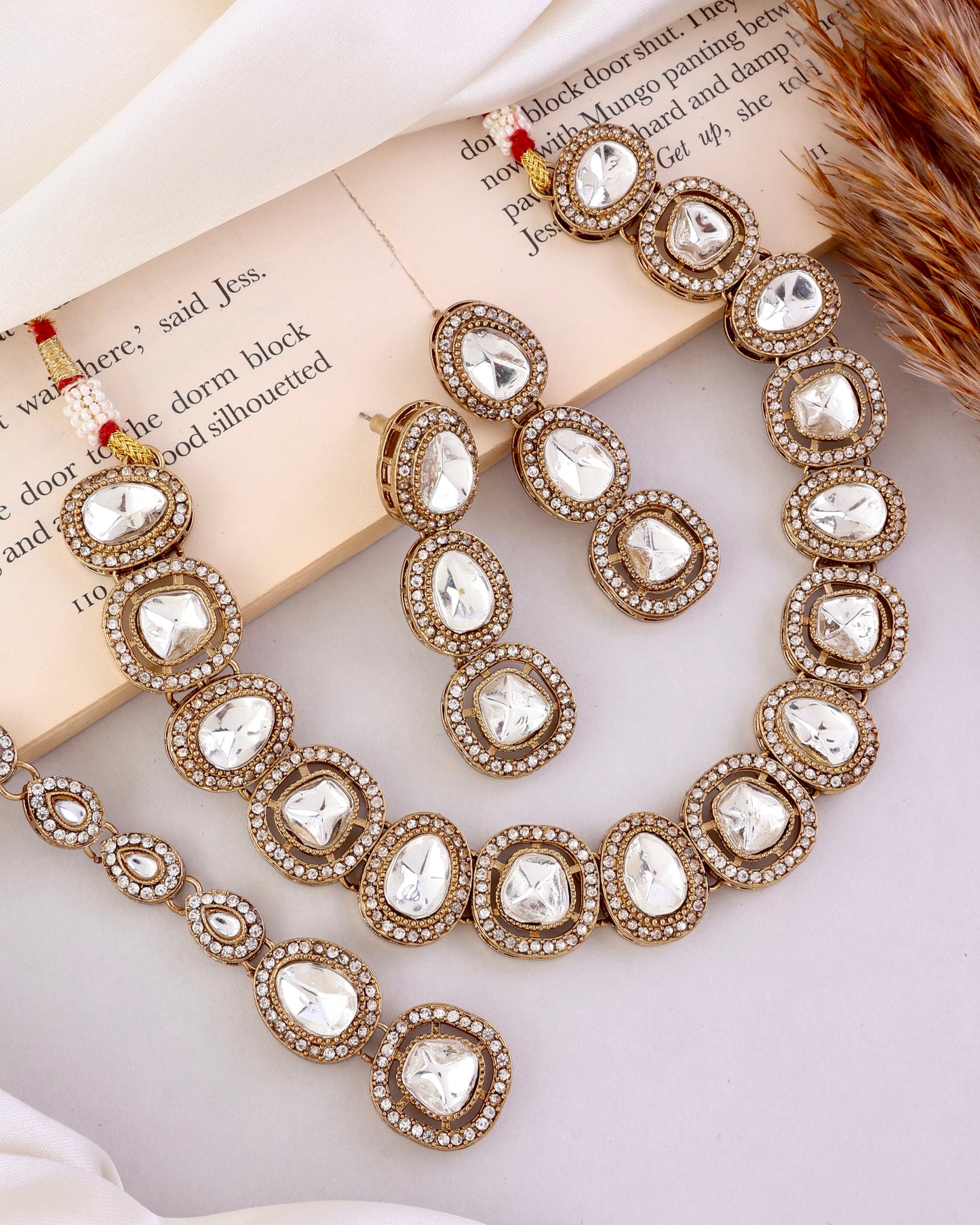 Silver Rishita Premium Polki Dupe Necklace with Earring and Teeka