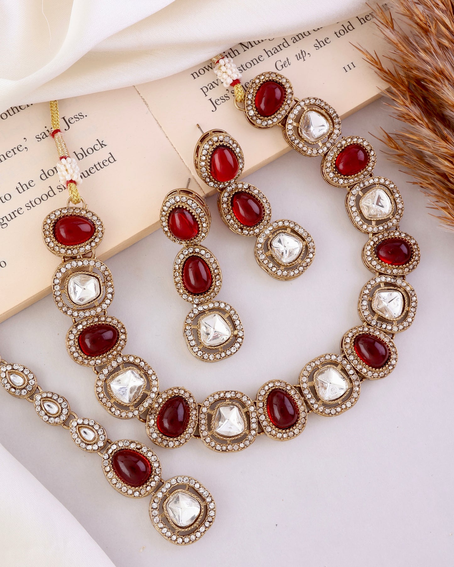 Ruby Rishita Premium Polki Dupe Necklace with Earring and Teeka