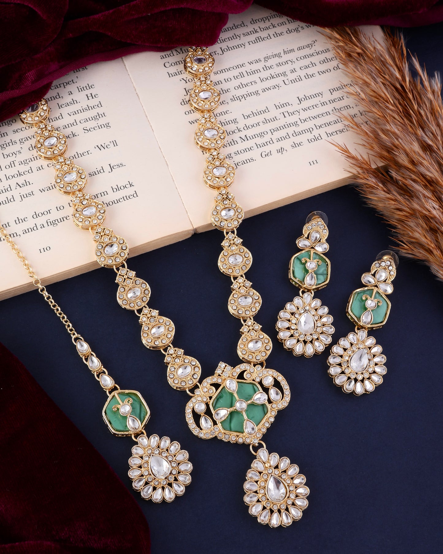 Green Vrinda Long Necklace Set with Earring and Teeka