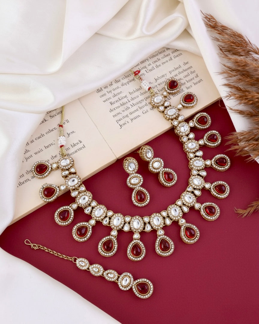 Ruby Nivaya Premium Polki Dupe Necklace with Earring and Teeka
