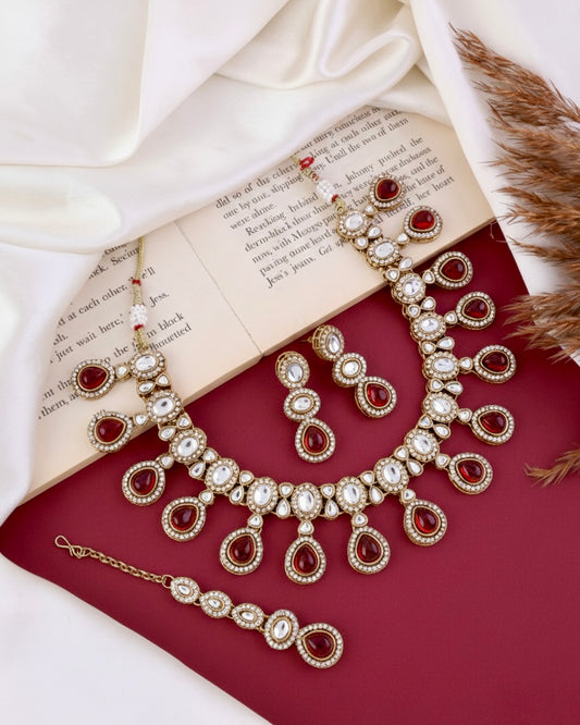 Ruby Nivaya Premium Polki Dupe Necklace with Earring and Teeka