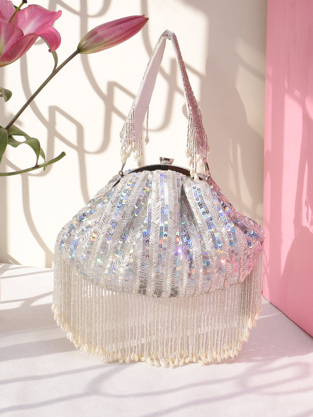 Silver Martina Premium Sequin Detailed Clutch Bag