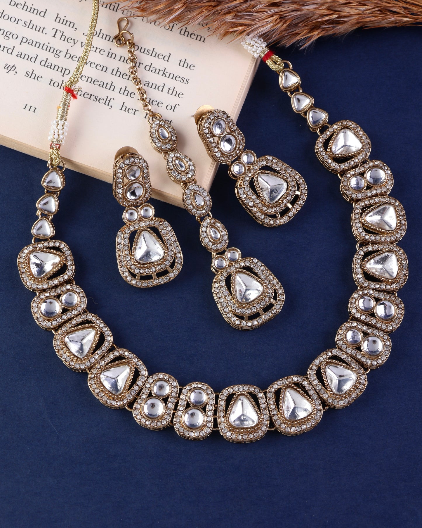 Silver Zorawar Premium Polki Dupe Necklace with Earring and Teeka