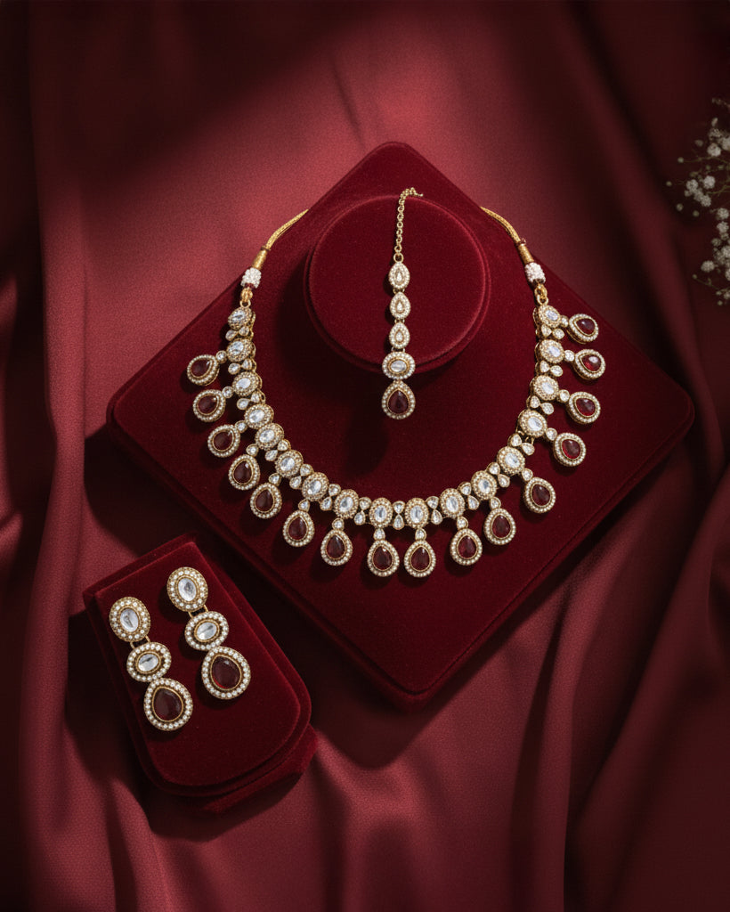 Ruby Nivaya Premium Polki Dupe Necklace with Earring and Teeka