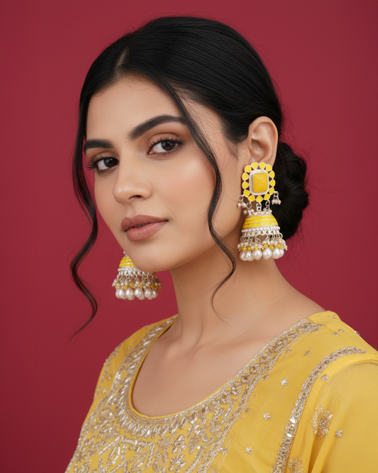Yellow Trinaya Meenakari Jhumka