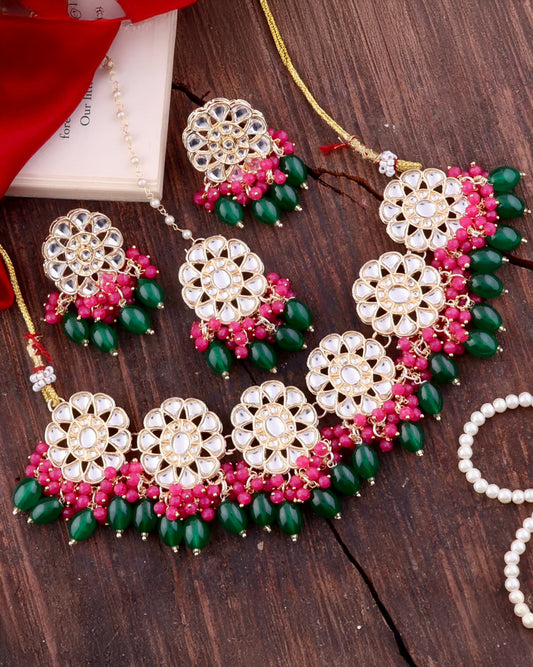 Pink Green Yuvraj Choker Necklace Set with Earring and Teeka