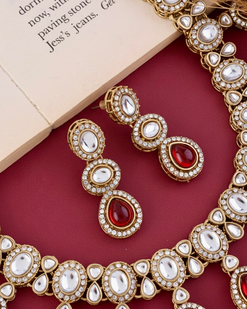 Ruby Nivaya Premium Polki Dupe Necklace with Earring and Teeka