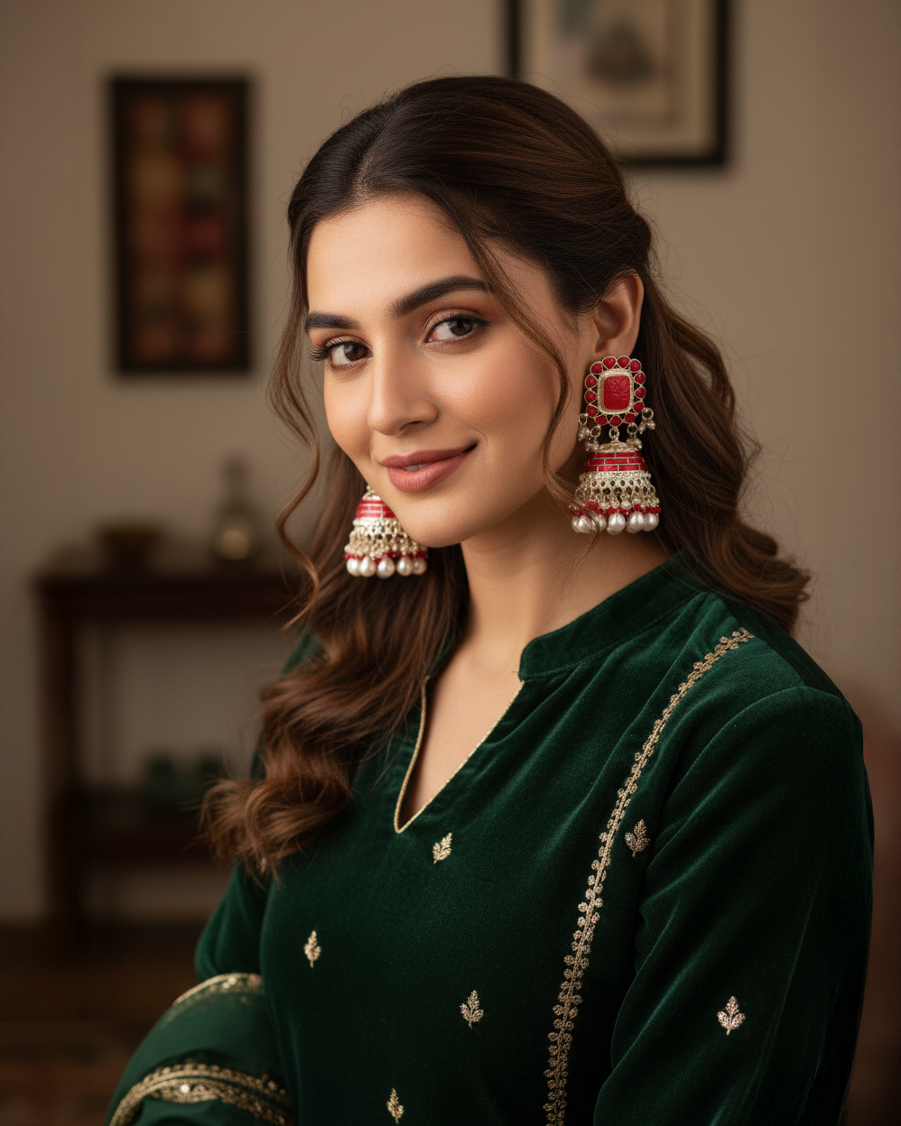 Red Trinaya Meenakari Jhumka