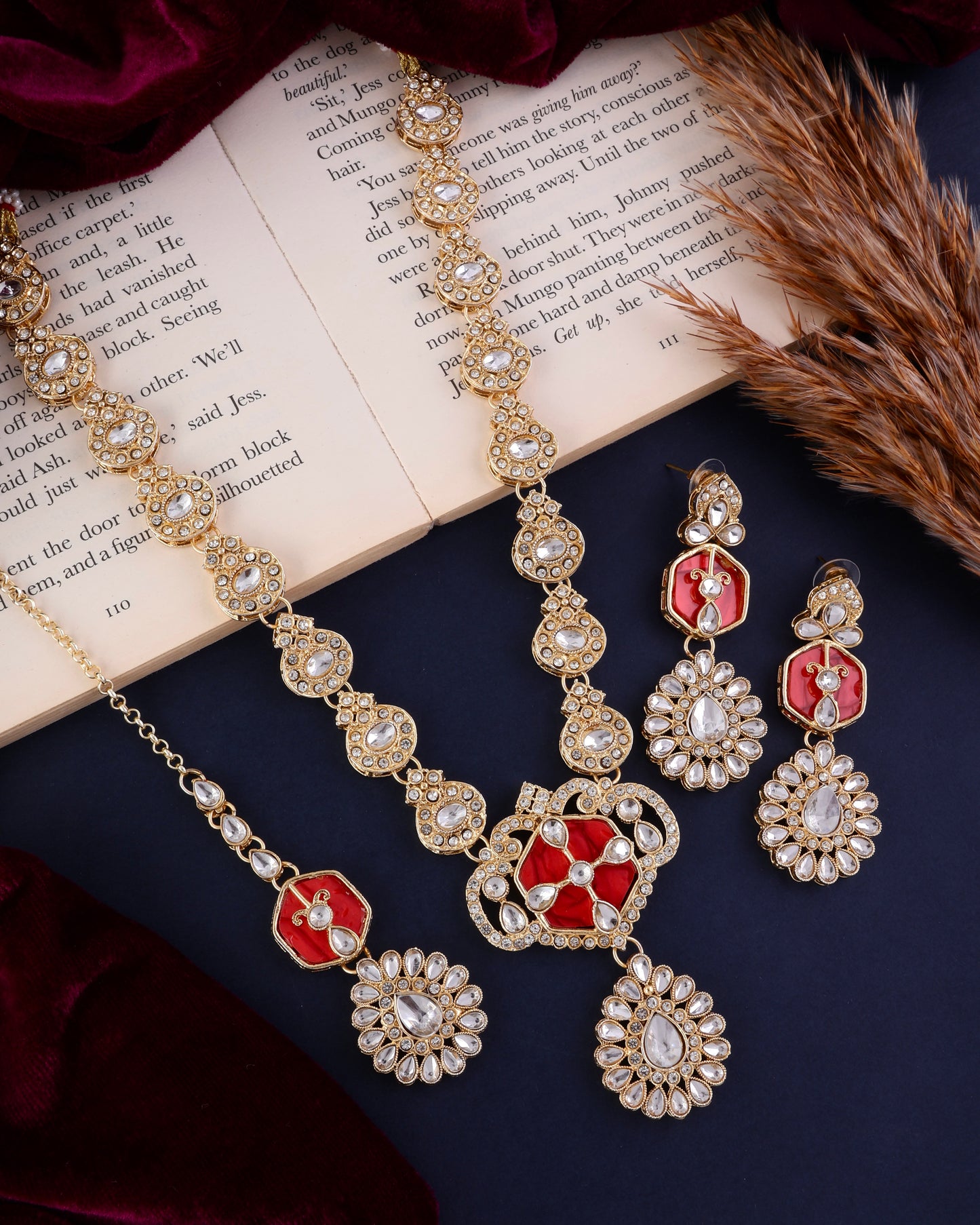 Red Vrinda Long Necklace Set with Earring and Teeka