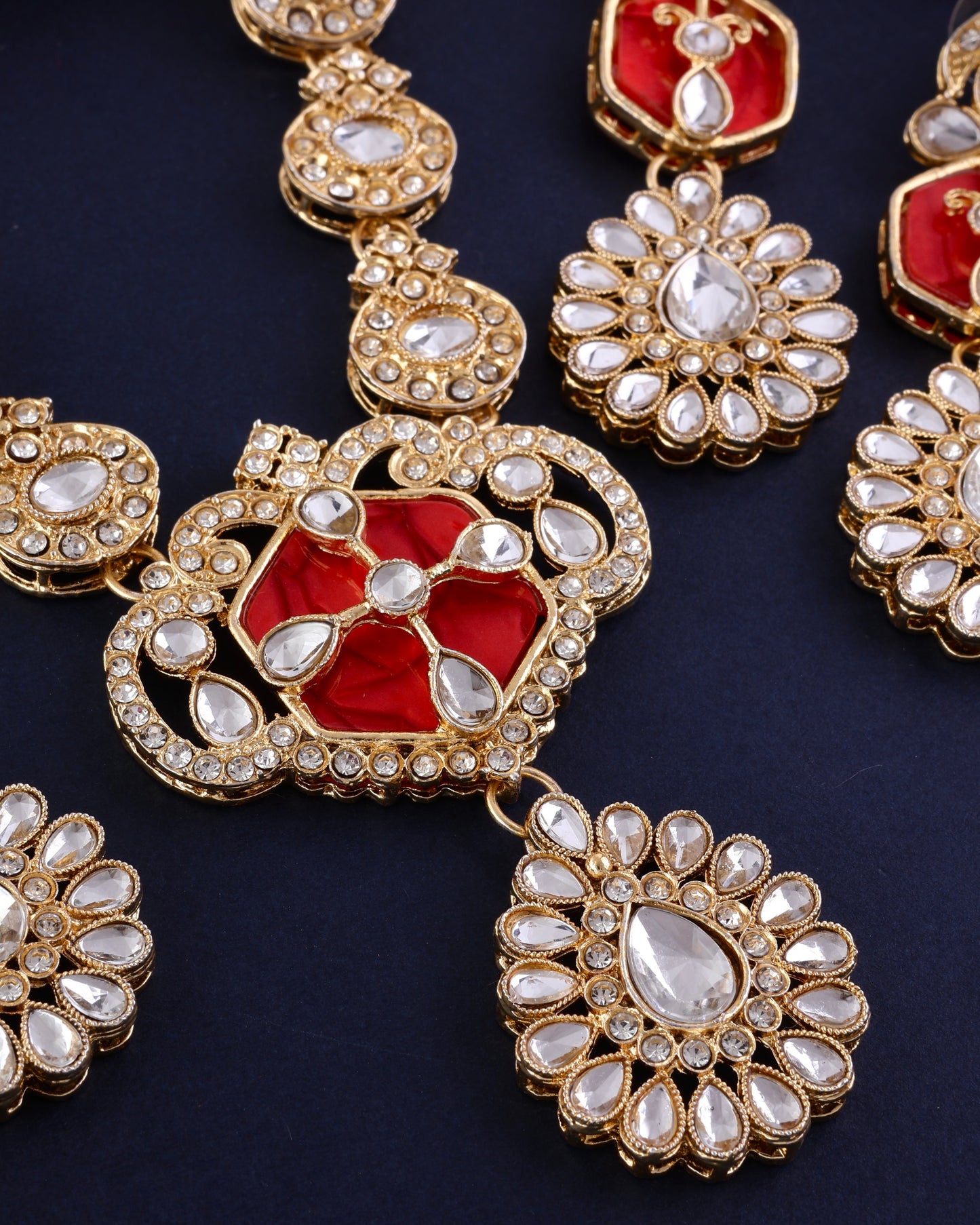 Red Vrinda Long Necklace Set with Earring and Teeka