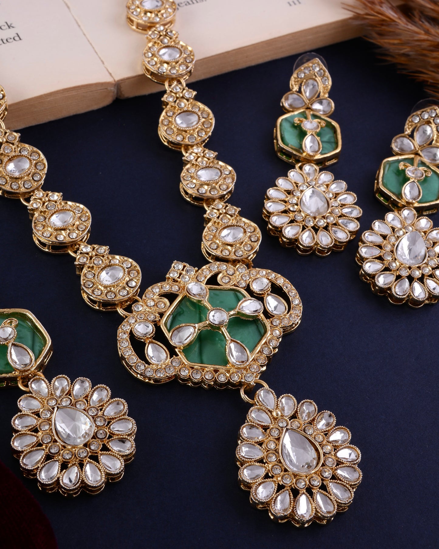 Green Vrinda Long Necklace Set with Earring and Teeka