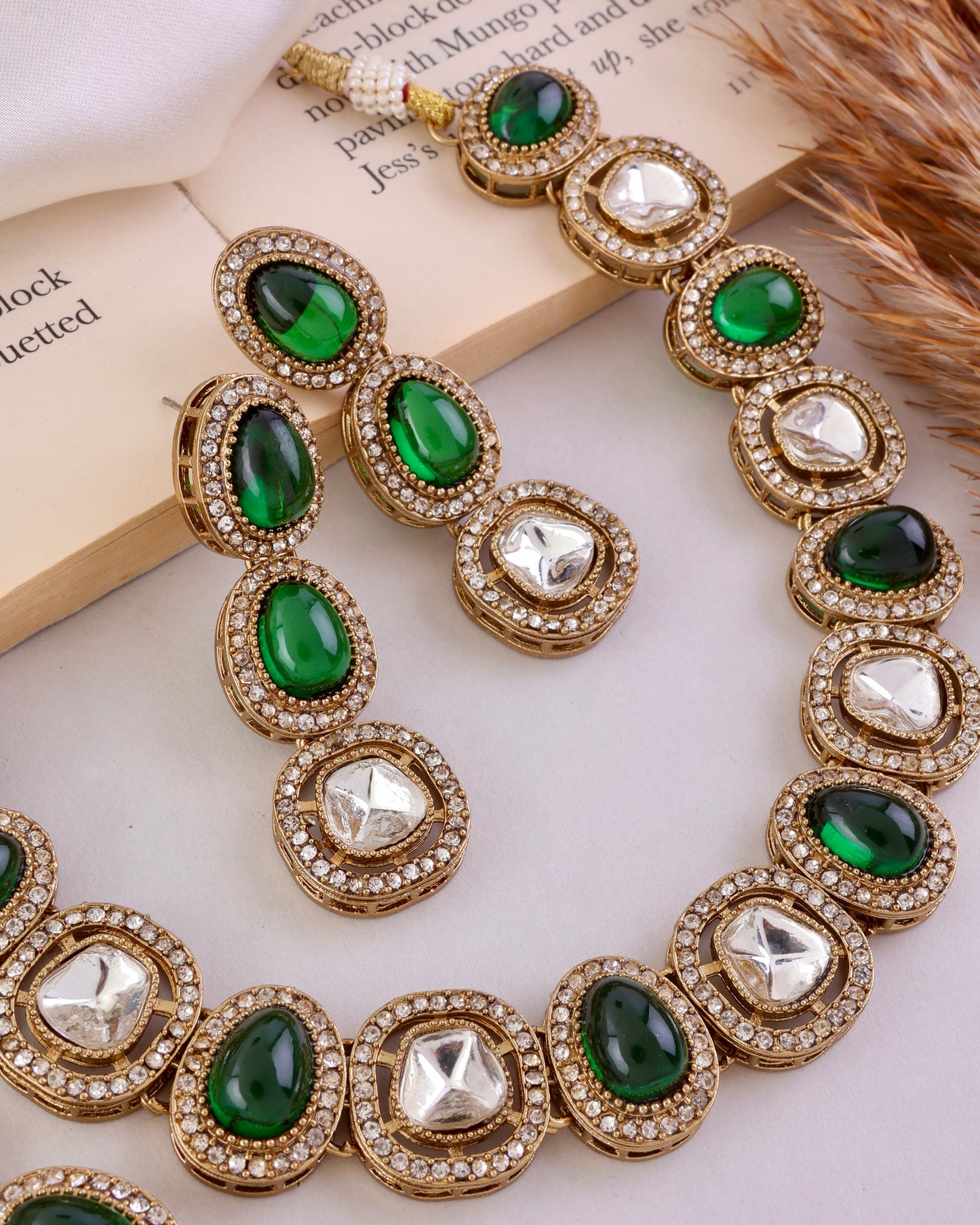 Emerald Rishita Premium Polki Dupe Necklace with Earring and Teeka