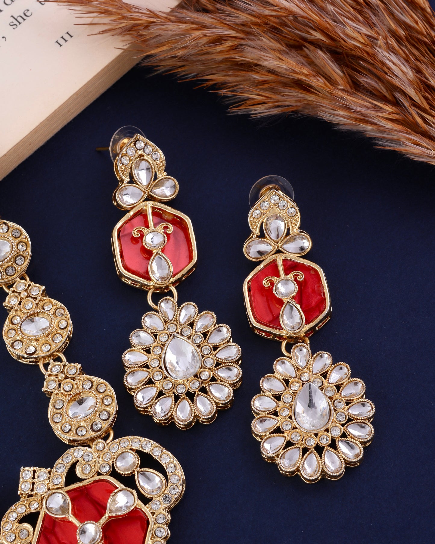 Red Vrinda Long Necklace Set with Earring and Teeka