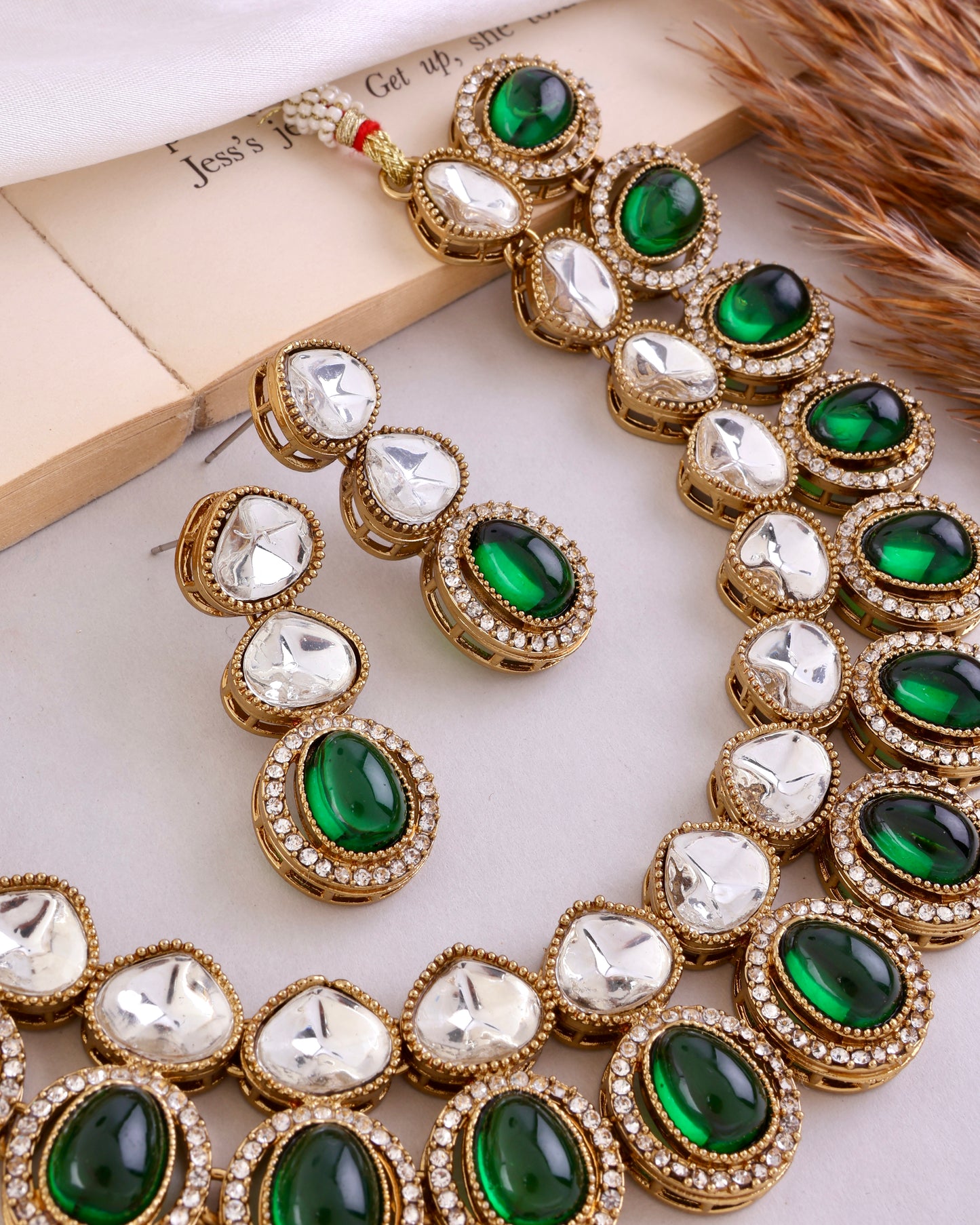 Emerald Arshiya Premium Polki Dupe Necklace with Earring and Teeka